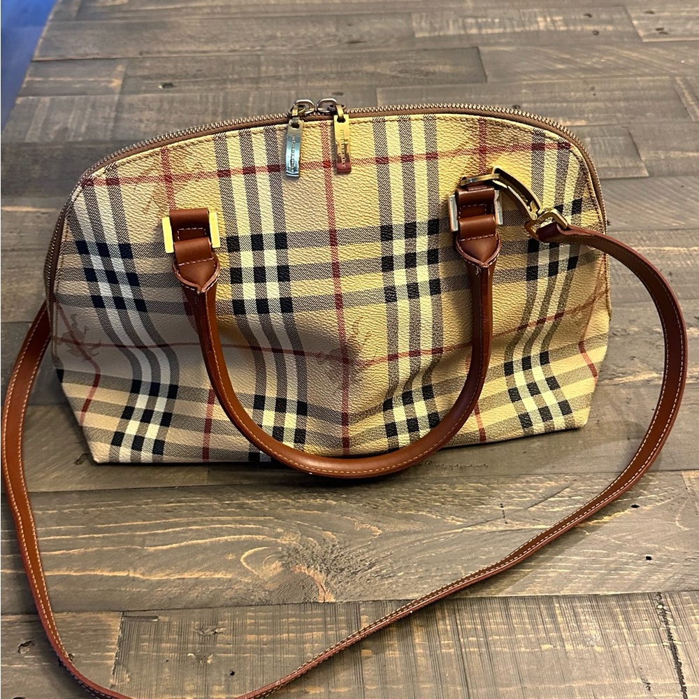 Burberry Tan Plaid Canvas Crossbody with Brown Leather Trim